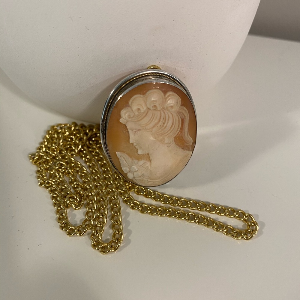 Vintage Silver Carved Shell Brooch